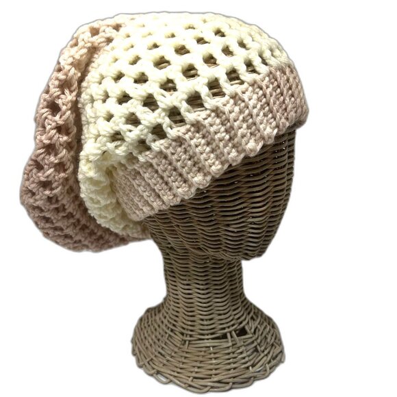 New Handmade Crochet Slouchy Beanie Hat Ombré Cream Rose Boho Unisex - Picture 2 of 9